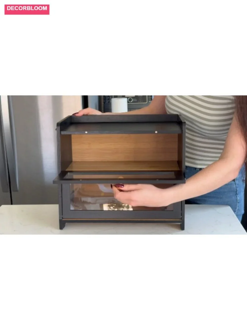 Double Layer Bamboo Bread Box with Acrylic Window for Kitchen Counter